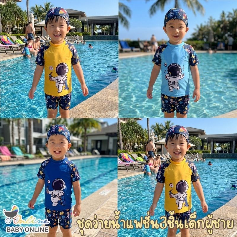 Babyonline(Y327)0F3-R (ส่งด่วน1วัน)ชุดว่ายน้ำสำหรับเด็กผู้ชายลายอวกาศสุดเท่1เซ็ต3ชิ้น ผ้าโพลีเอสเตอร์ แห้งเร็ว