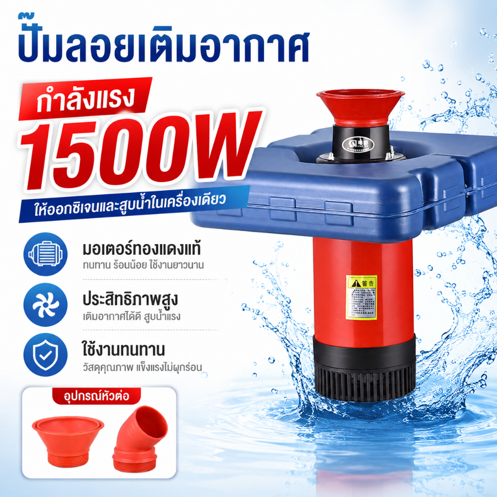 1500W ปั้มน้ำออกซิเจนลอยน้ำ ปั๊มน้ำ ปั้มแช่ ปั้มออกซิเจนเพาะเลี้ยงสัตว์น้ำ สายไฟ 30 เมตร บ่อปลา น้ำพุ ลอยน้ำ ปั๊มน้ำพุ