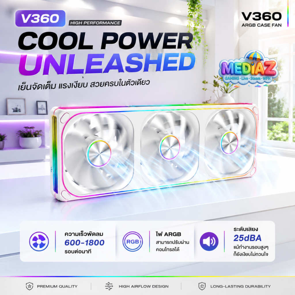 ส่งทันที พัดลม ซ่อนสาย ไฟ8ตำแหน่ง+ ดำ ขาว V360 120x3 ZB mm pwm argb Set fan MediaZShop