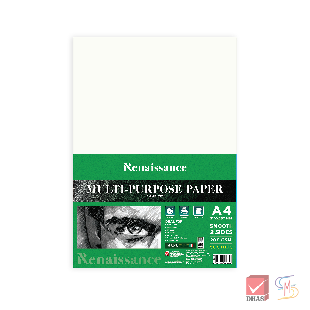 Renaissance กระดาษวาดเขียน ชนิดเรียบ ขนาด A4 200 แกรม 50 แผ่น