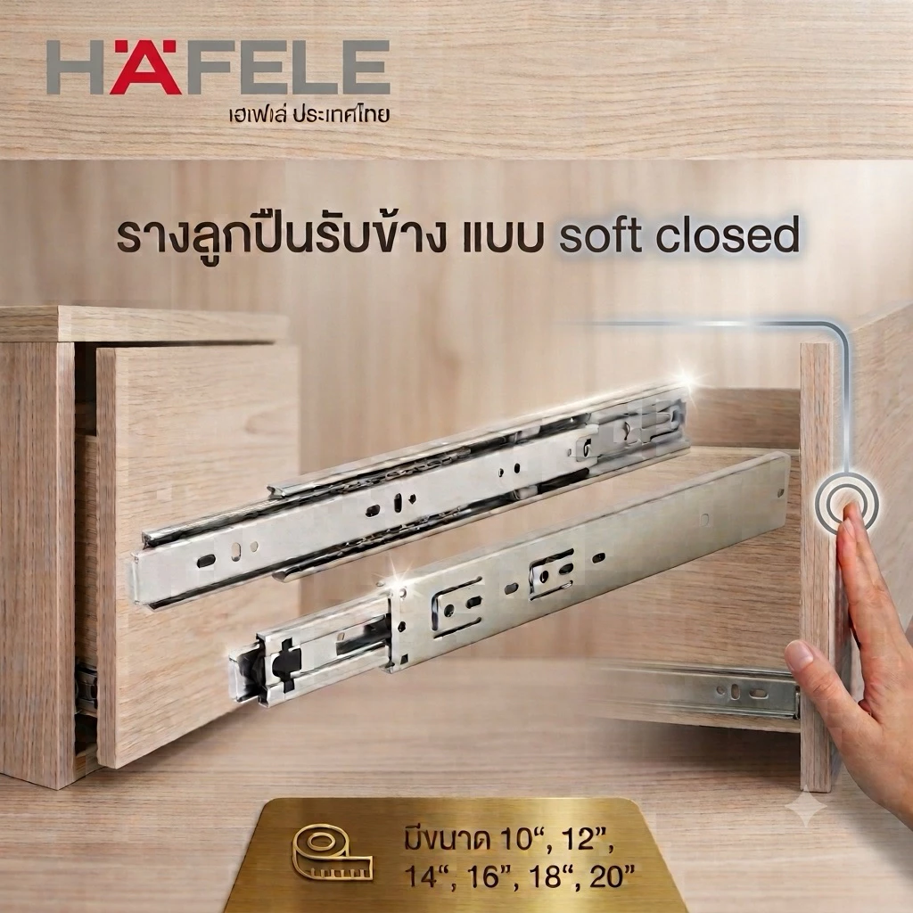Hafele รางลิ้นชักSoft Closed รับข้าง (ไม่มีแพ็ค) ระบบลูกปืน 3ตอน หน้ากว้าง 45mm ขนาด10"12"14"16"18"20"