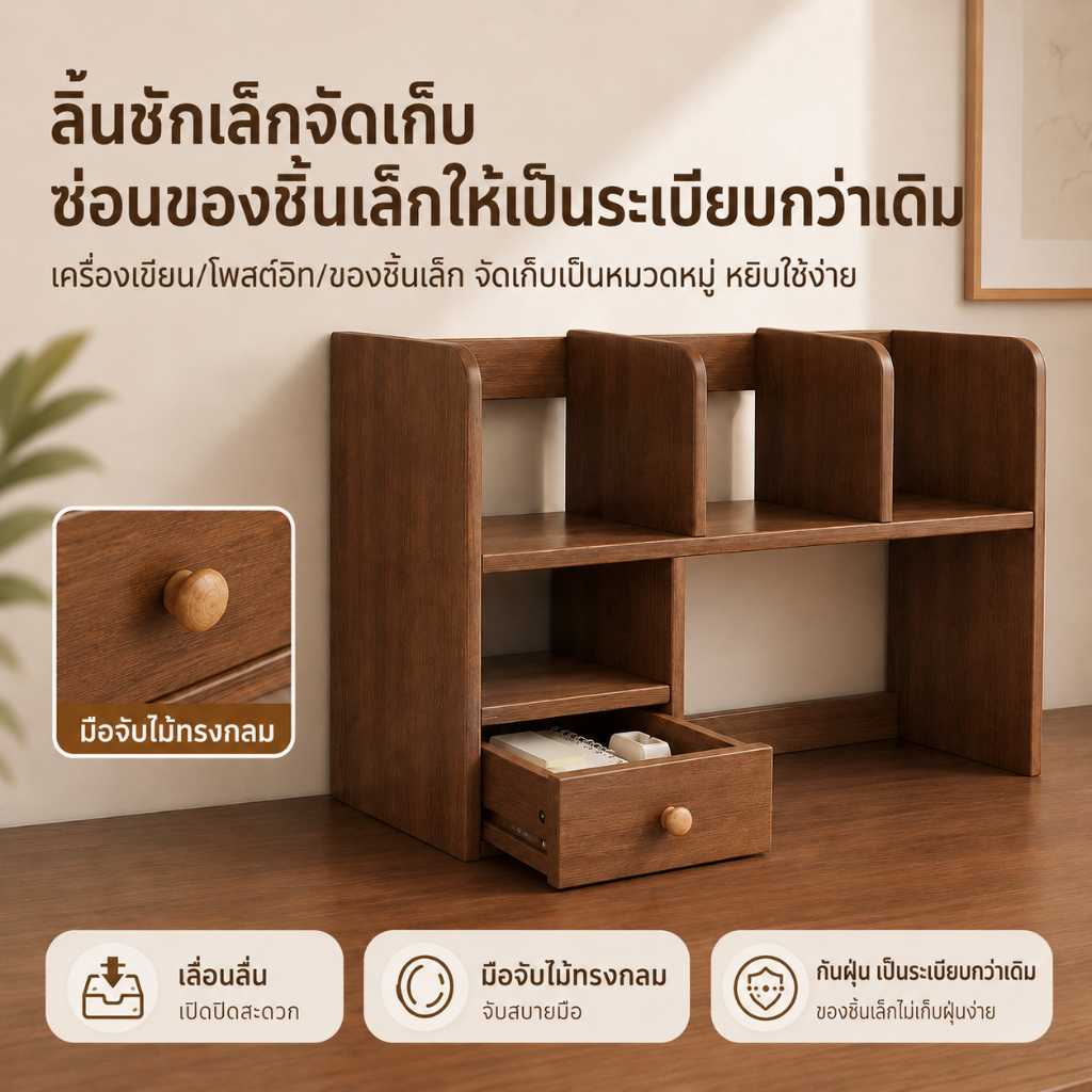 ชั้นวางหนังสือบนโต๊ะ ชั้นวางของอเนกประสงค์ พร้อมลิ้นชักเก็บของ 60x17x48 ซม. สีไม้ดาร์ควอลนัท จัดระเบียบโต๊ะทำงาน