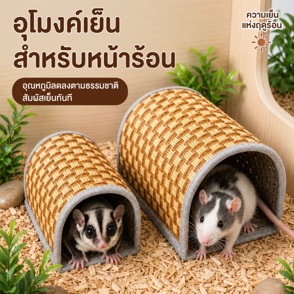 บ้านหลบซ่อนสัตว์เล็ก เสื่อเย็นหวายธรรมชาติ สำหรับหนูแฮมสเตอร์ ชูก้าไกลเดอร์ เม่นแคระ ระบายอากาศ ขนาด S/M