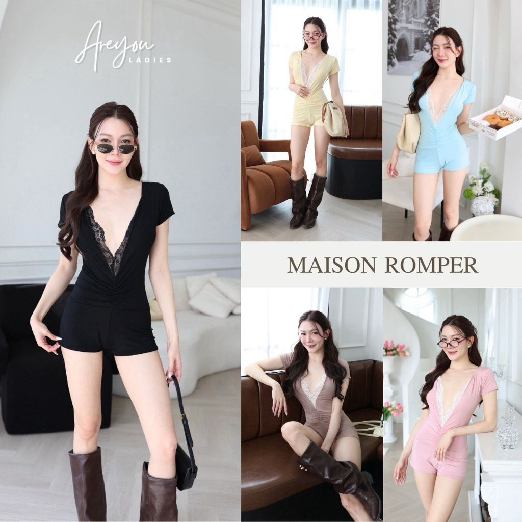 NO.636 Maison Romper ชุดจั๊มสูทขาสั้นคอวีลึกแต่งขอบลูกไม้