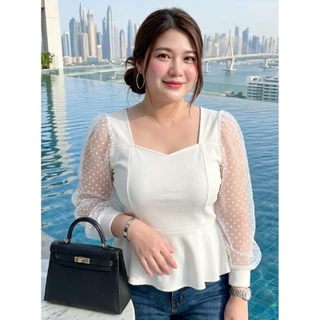 เสื้อใส่ทำงาน งานบุญ ไปวัด สาวอวบอ้วน แขนมุ้งจุดกำมะหยี่ สีดำ สีขาว สวยปิดพุงพลางหุ่น อก 46-56 นิ้ว