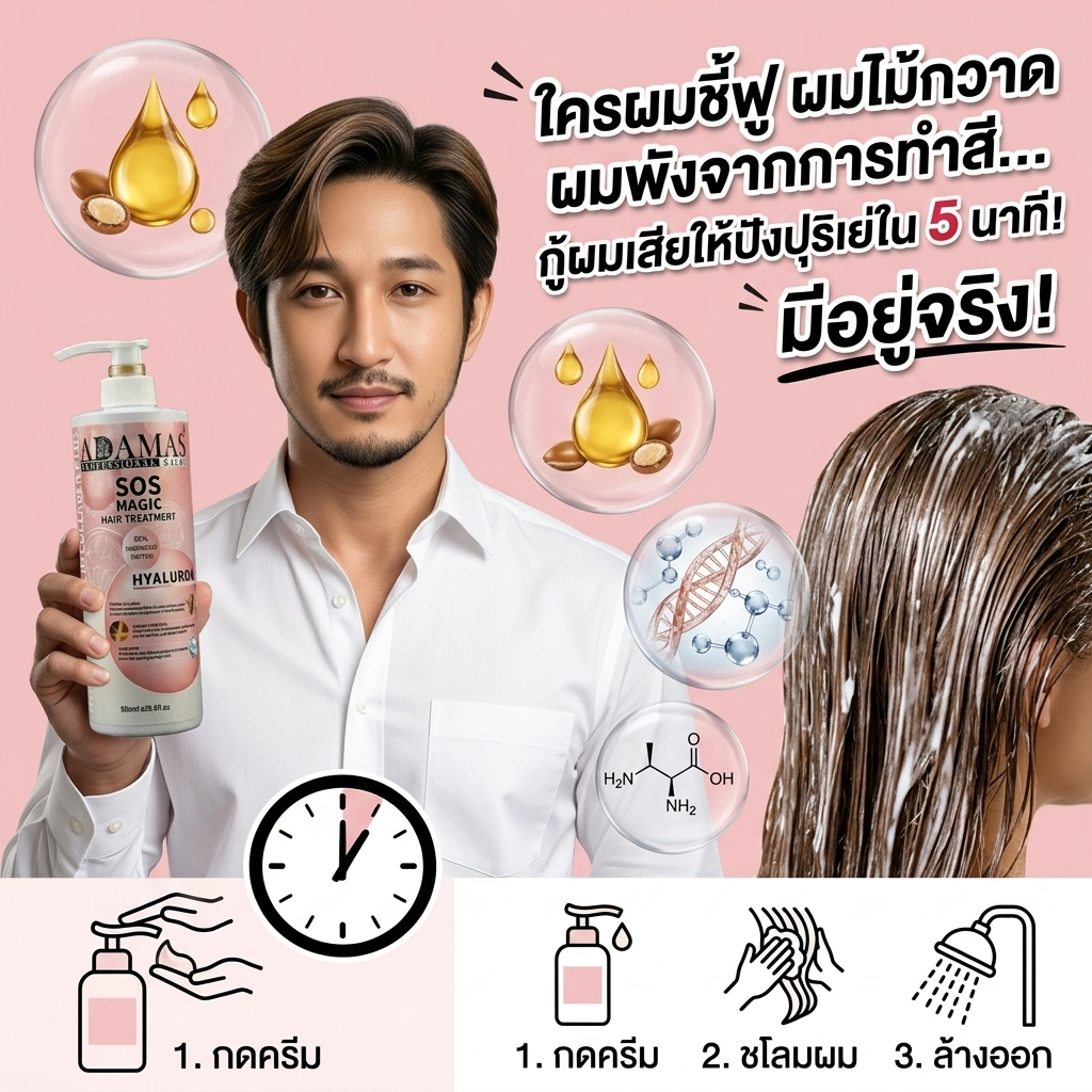 ทรีทเม้นท์ ADAMAS SOS MAGIC HAIR TREATMEN ฟื้นฟูผมเสียอย่างเร่งด่วนด้วยโปรตีนเข้มข้น 800ml