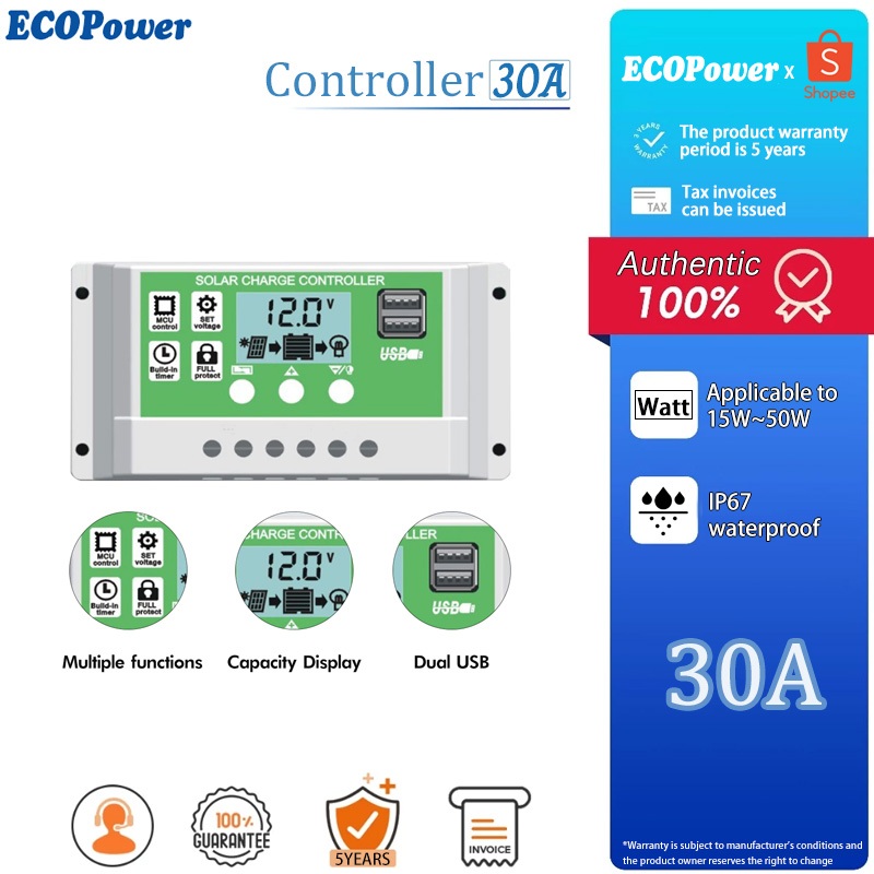 30A PWM Solar Controller 12V 24V LCD Display Auto with Dual 5V USB Solar Charge Controller RBL