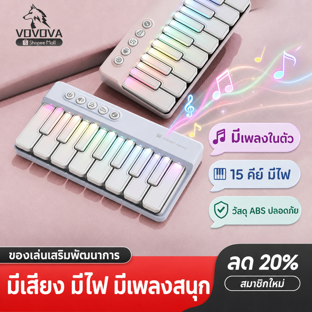 VOVOVA เปียโนเด็ก ของเล่นดนตรี มีเสียงมีไฟ 15 คีย์ มีเพลงในตัว ของเล่นเสริมพัฒนาการเด็ก 1-3 ปี วัสดุ ABS ปลอดภัย
