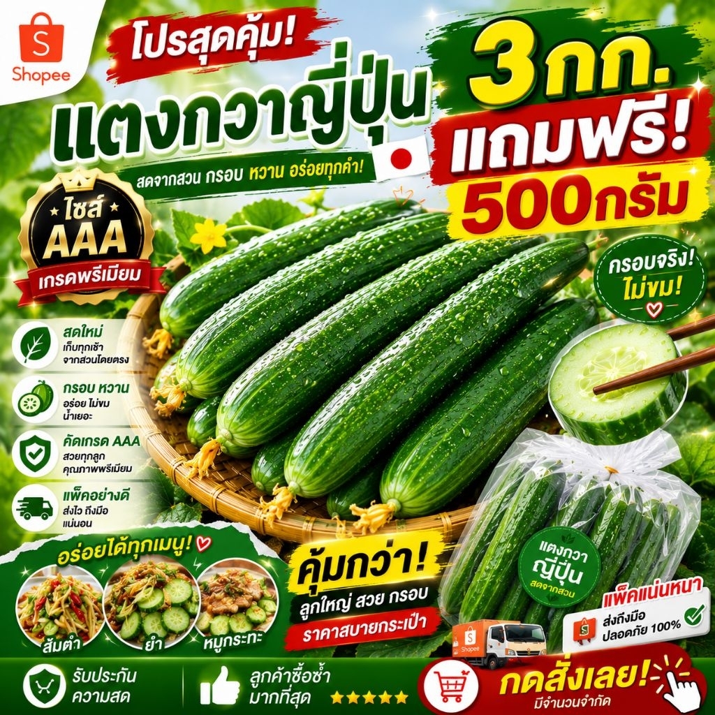 แตงกวาญี่ปุ่น 3กก แถมฟรี500กรัม. สด กรอบ พร้อมส่งจากสวน