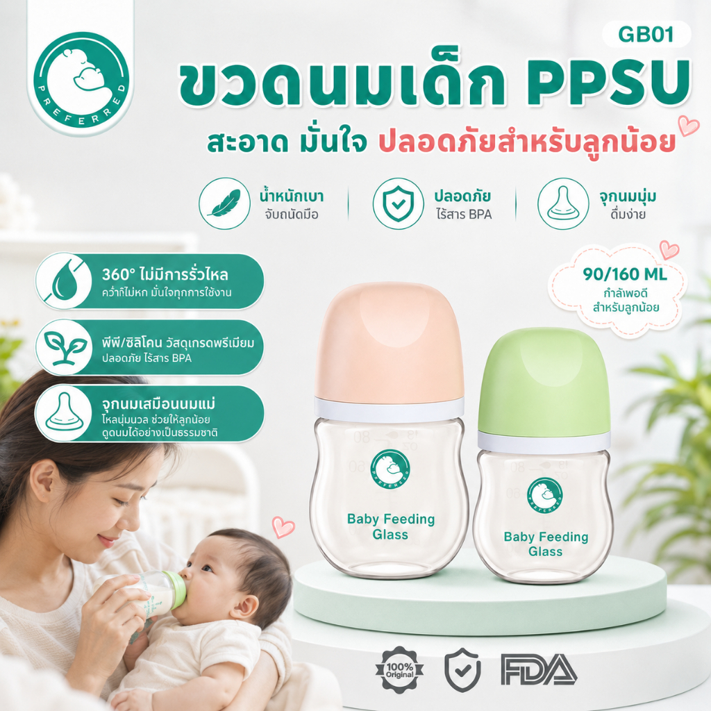 Preferred ขวดนม ขวดนมแก้ว 90ml /160ml ขวดแก้วเด็กคอกว้าง ป้องกันอาการโคลิค ปลอด BPA Free GB01