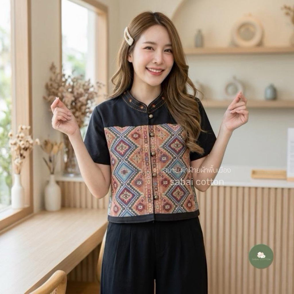 เสื้อผ้าฝ้าย คอจีน ผู้หญิง งานแต่งเทปผ้าทอ รูปที่ 2