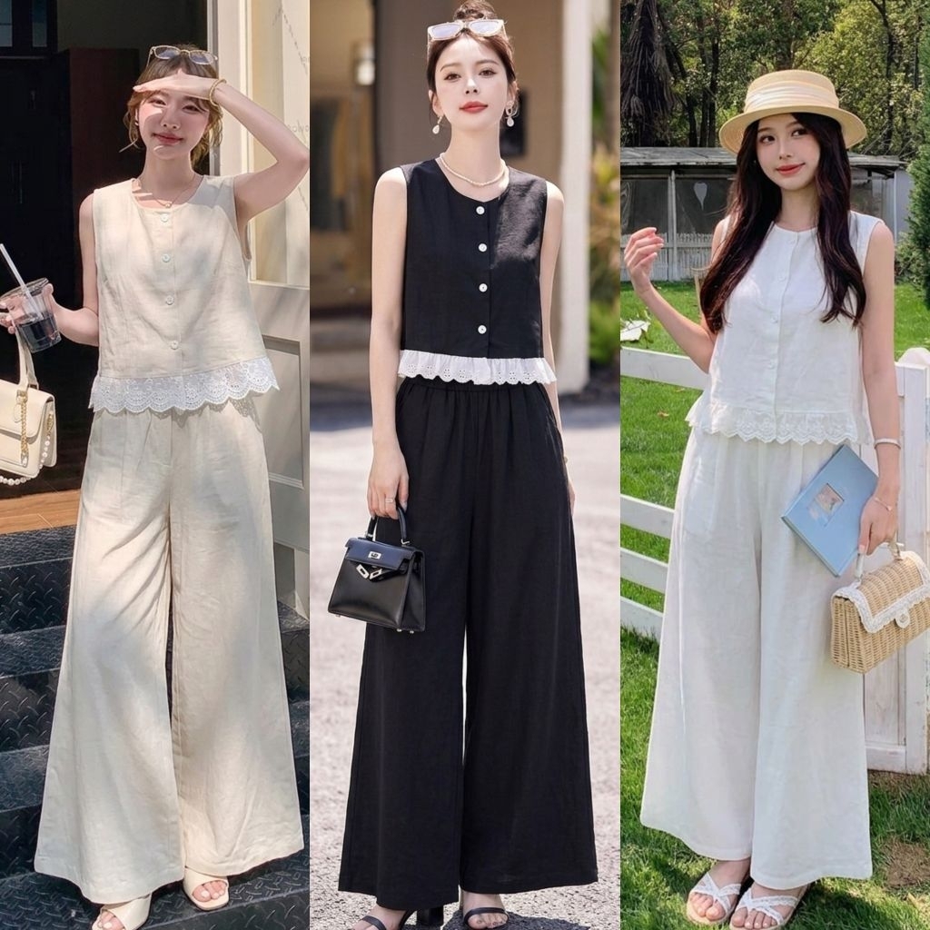 🌟​48ดำ 45ครีม 17ขาว ชุดเซ็ตผู้หญิง ผ้าฝ้ายลินิน เนื้อดีมากๆ กางเกงเอวสมอครอบตัวมีกระเป๋า ลุค Old Money​ น้อยแต่มาก ꔛ ꕤ ˚