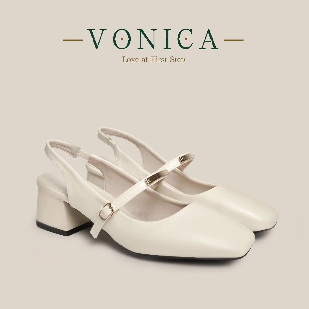 VONICA รองเท้าแมรี่เจนหลังเปิดส้นตึกผู้หญิง หัวสี่เหลี่ยม สไตล์เกาหลีแฟชั่น ใส่ทำงานสวยใส่สบาย