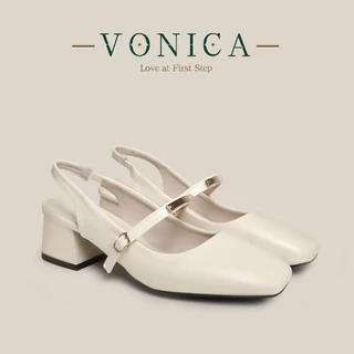 VONICA รองเท้าแมรี่เจนหลังเปิดส้นตึกผู้หญิง หัวสี่เหลี่ยม สไตล์เกาหลีแฟชั่น ใส่ทำงานสวยใส่สบาย