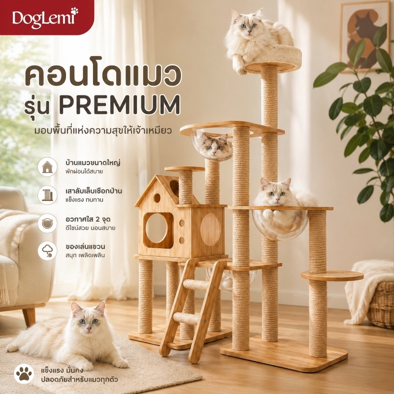 【Doglemi】คอนโดแมวไม้พรีเมียม คอนโดแมวหลุมอวกาศ บ้านแมวไม้ เสาลับเล็บแมว Cat Tree ขนาดใหญ่ รองรับหลายตัว แข็งแรง มินิมอล
