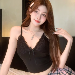 สายเดี่ยว new ดีเทลแต่งอกลูกไม้พร้อมโบว์ตรงหน้าอก มีฟองน้ำในตัว ผ้ายืดคุณภาพดี ราคาโรงงานพร้อมส่ง