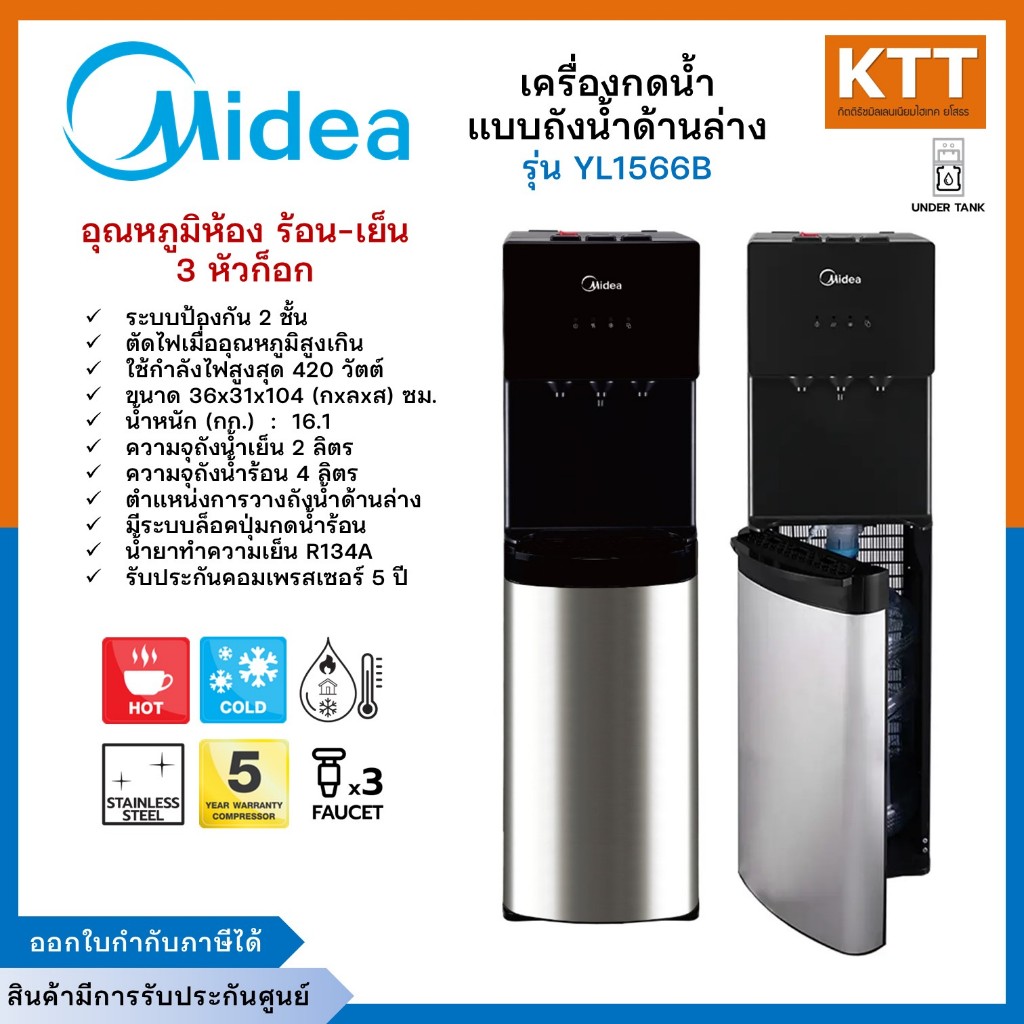 เครื่องกดน้ำ ตู้กดน้ำ 3 ก๊อก 3อุณหภูมิ ยี่ห้อ Midea รุ่น  YL1566B (ร้อน,เย็น,อุณหภูมิห้อง)