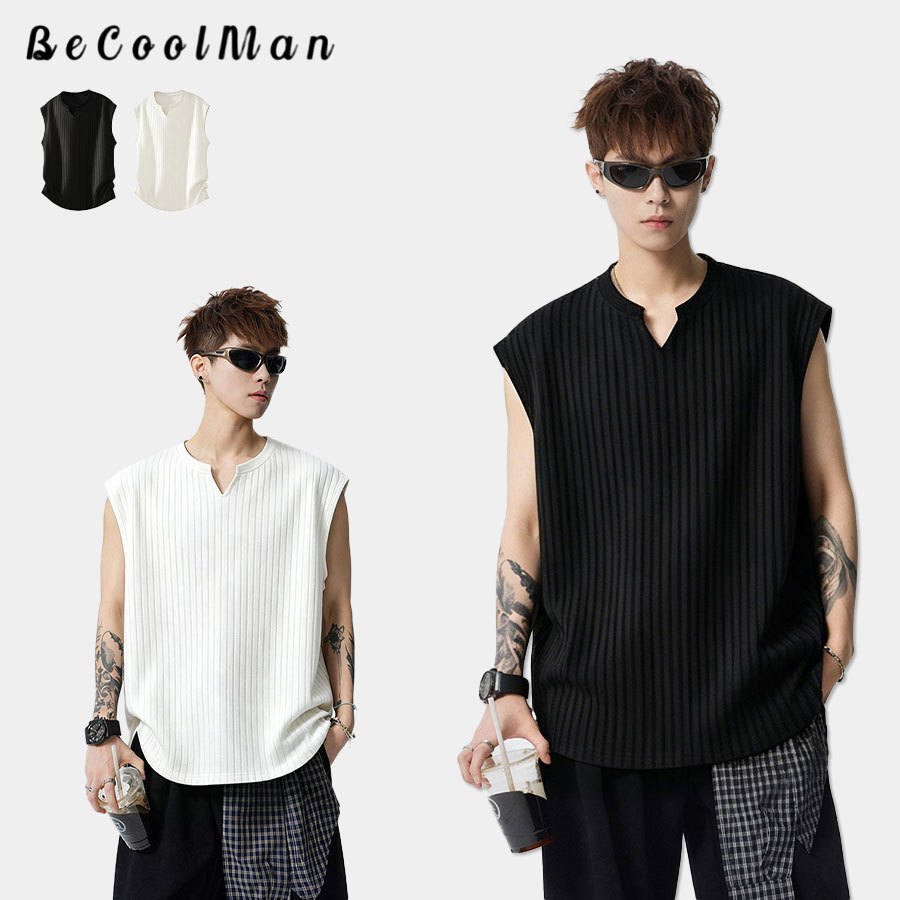 💥BecoolMan💥เสื้อยืดฤดูร้อน ผ้าลายริ้ว คอวี รุ่นบาง แขนกุด เย็น ระบายอากาศได้ดี หลวมสบาย รุ่นสำหรับทั้งชายและหญิง