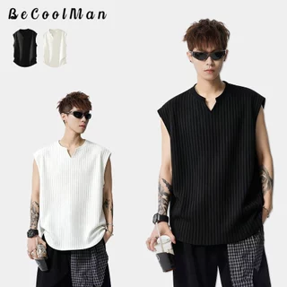 💥BecoolMan💥เสื้อยืดฤดูร้อน ผ้าลายริ้ว คอวี รุ่นบาง แขนกุด เย็น ระบายอากาศได้ดี หลวมสบาย รุ่นสำหรับทั้งชายและหญิง
