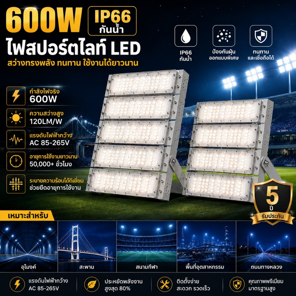 Aotron ไฟสปอร์ตไลท์ LED กันน้ำ 300W 400W 600W IP66 ไฟถนน โคมไฟฟลัดไลท์ ไฟสนามกีฬา ประหยัดไฟ แสงขาว