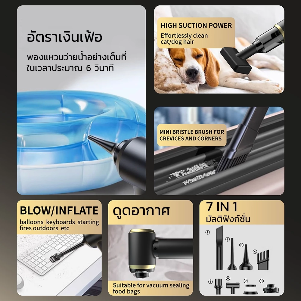 JameMirs26000Pa เครื่องดูดฝุ่นเล็กไร้สาย 7in1 ที่ดูดฝุ่นมือถือ ดูดฝุ่นในรถยนต์พกพา Car Vacuum Cleaner ใช้ได้ในบ้าน ที่รถ thumbnail 6