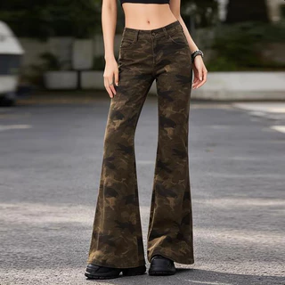 Aurae 👖🟤🌿กางเกงยีนส์ขาบานเอวสูงสายพรางวินเทจ ผ้าเรียบเนียนรัดรูป ยาวคลุมข้อเท้า