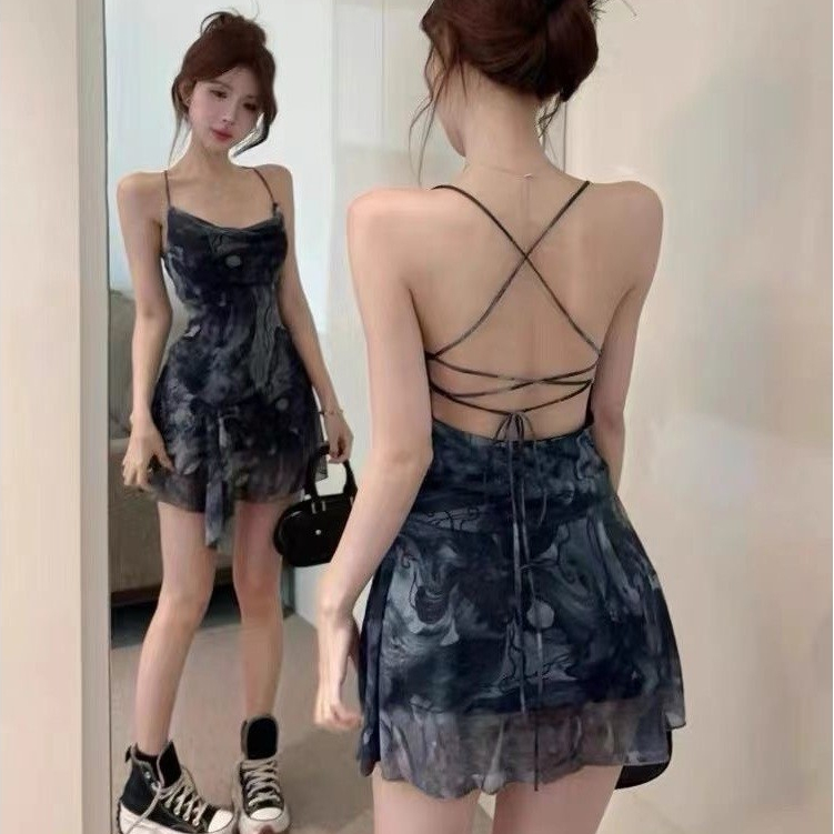 （จัดส่งภายใน24ชม）LUNA GIRL เดรสสายเดี่ยวสีดำ ซีทรู+ซับในเต็มตัว
