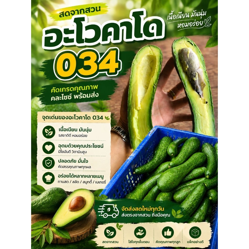 อโวคาโด034 คัดเกรดคุณภาพสูง 1 กิโลกรัม(รวมกล่อง) เนื้อแน่น หวานมัน สดใหม่