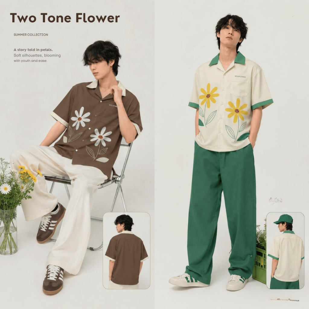 11.WOLF Two Tone Flower Art Shirt  เสื้อต่อลาย เสื้อแขนสั้น เสื้อเชิ้ต เสื้อฮาวาย   ลายทูโทนฟลาวเวอร์ / H316