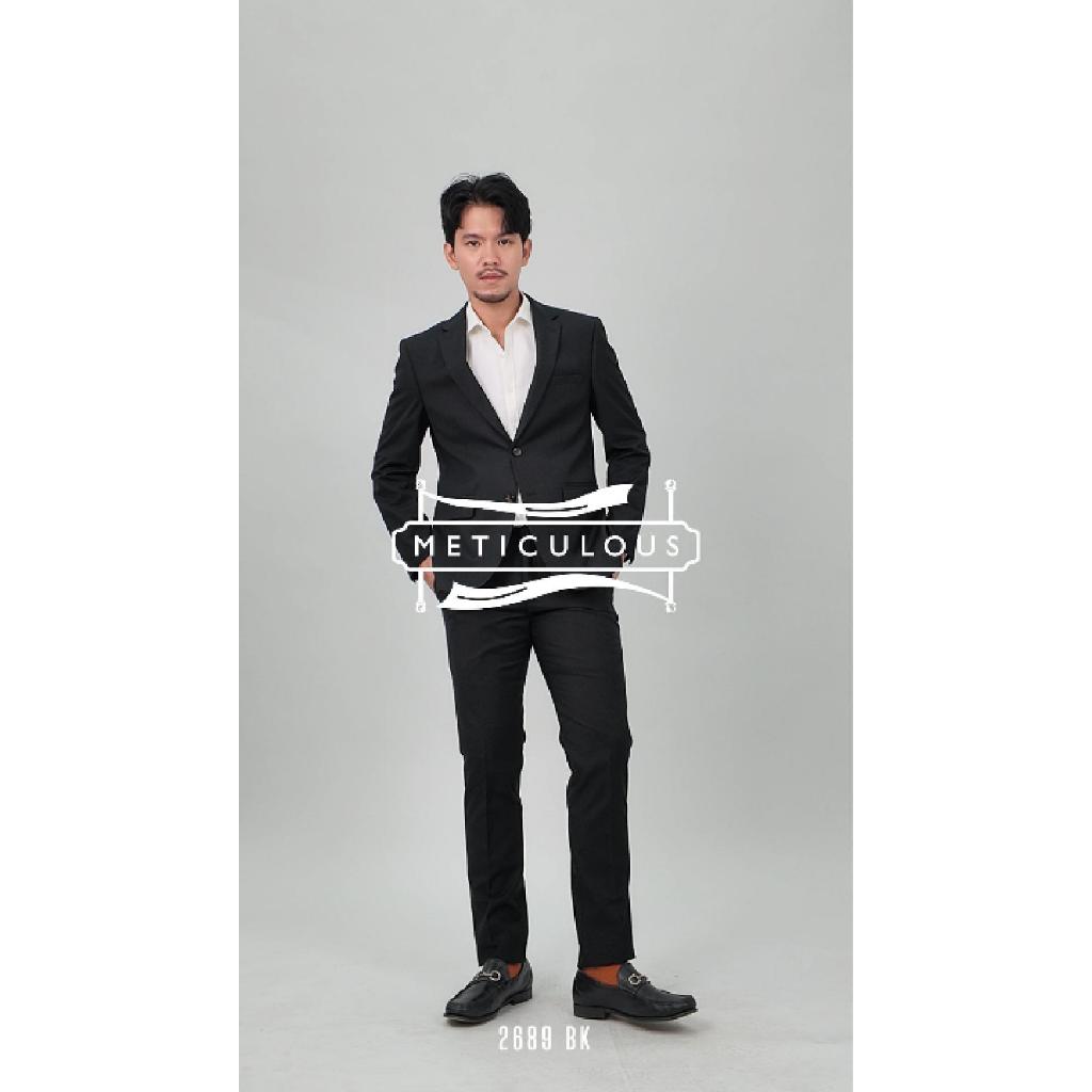Meticulous Suit  เสื้อสูทสีดำ ทรง Slimfit รุ่น2689 BK - กางเกงทรงขากระบอกเล็ก ไม่มีจีบหน้า