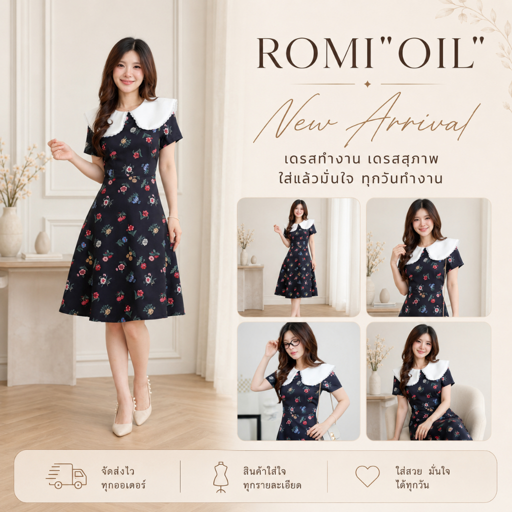 "Romi"Oil"  K410 ชุดเดรสสีดำ  (คอบัวแต่งลูกไม้)