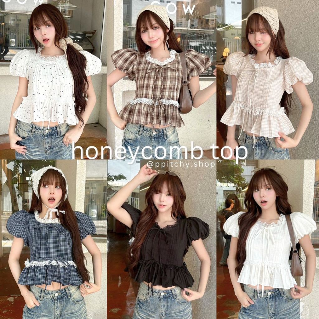 ppitchy.shop 🤎 Honeycomb Top - เสื้อแขนบอลลูน แต่งโบว์หน้า มี 8 สี