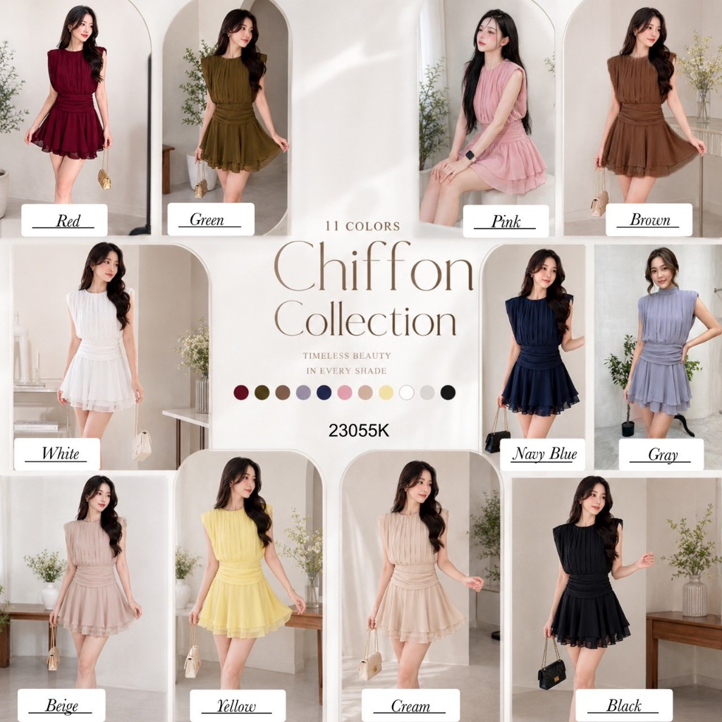 เดรสชีฟองแขนกุด กระโปรงระบาย .. TW23055  TwinsShopVip💗พร้อมส่ง