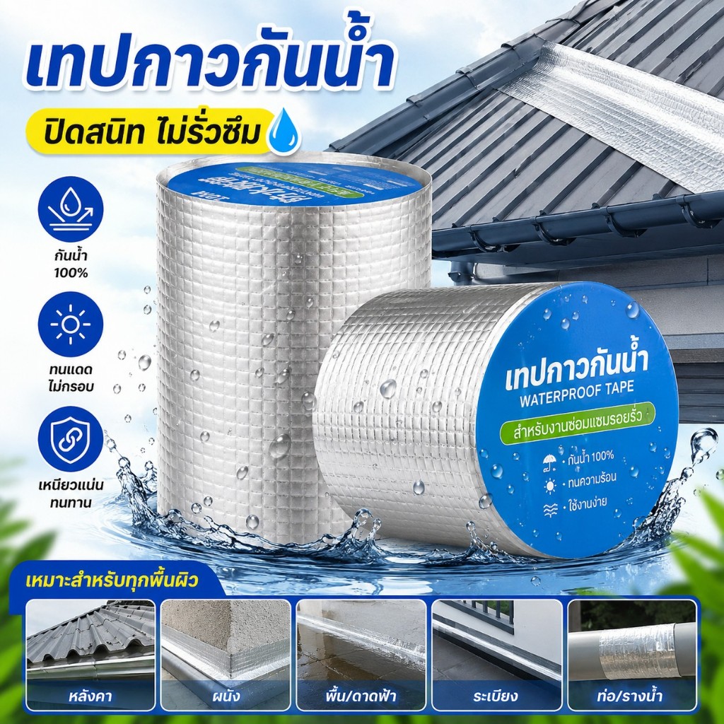 เทปกาวอลูมิเนียมบิวทิล ป้องกันการรั่วซึมได้อย่างมีประสิทธิภาพ ซ่อมแซมหลังคา ท่อน้ำ ซ่อมรอยรั่วและรอยแตกร้าว ทนต่อการใช้ง
