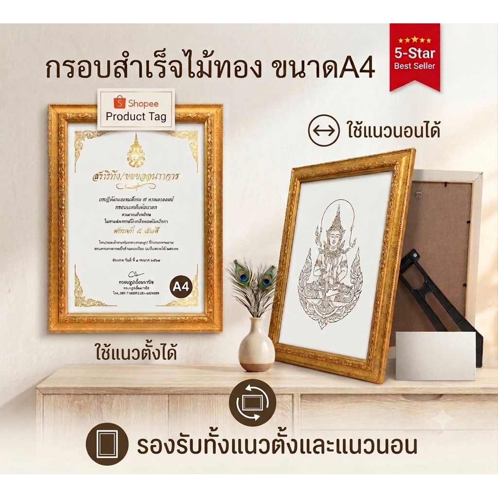 กรอบทองใส่เกียรติบัตร กรอบทองA4