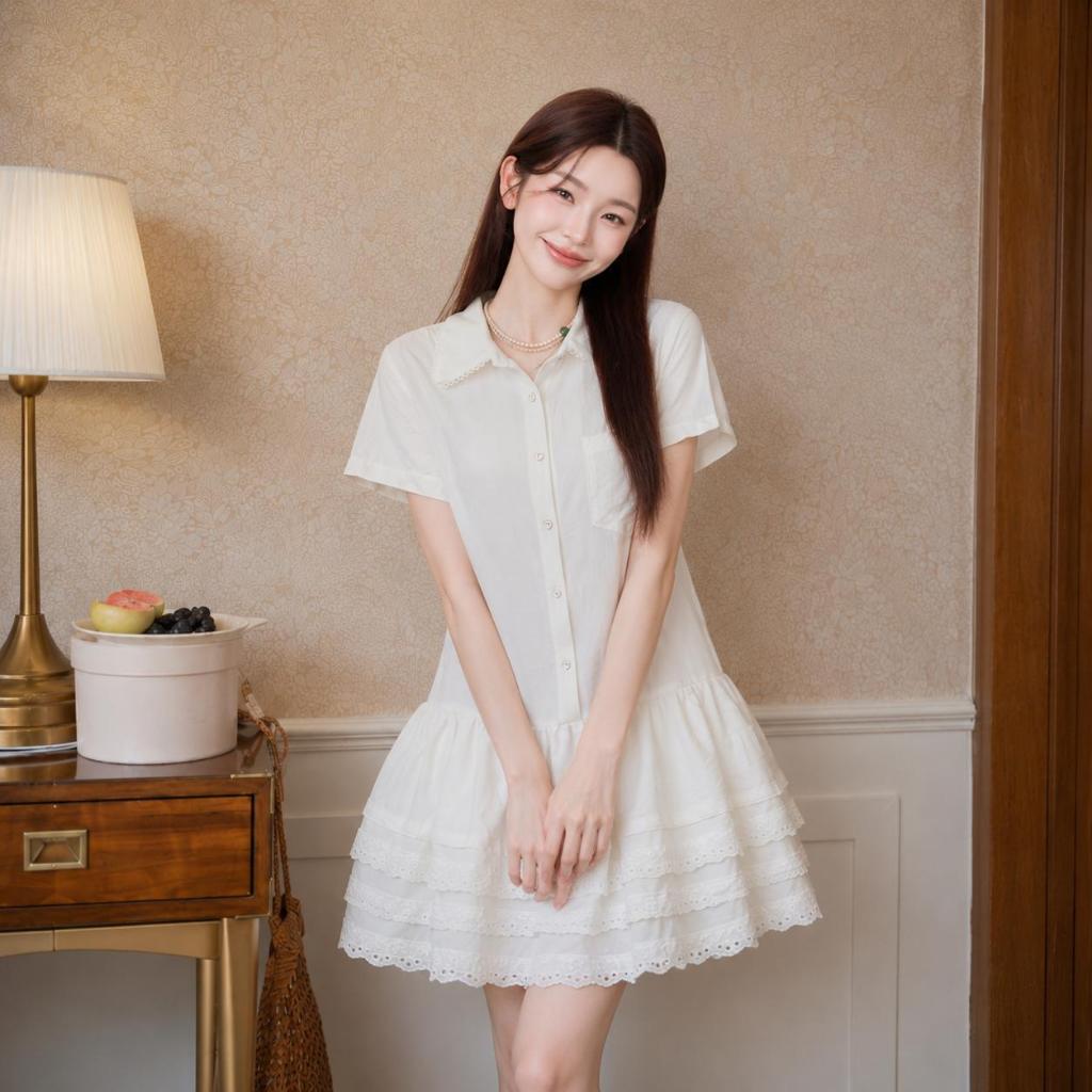 【Karlyn】DS0390# มินิเดรสแขนสั้นคอปก กระดุมใช้งานได้จริง ทรงเข้ารูปกระโปรงแต่งระบายเป็นชั้นๆ น่ารักมาก