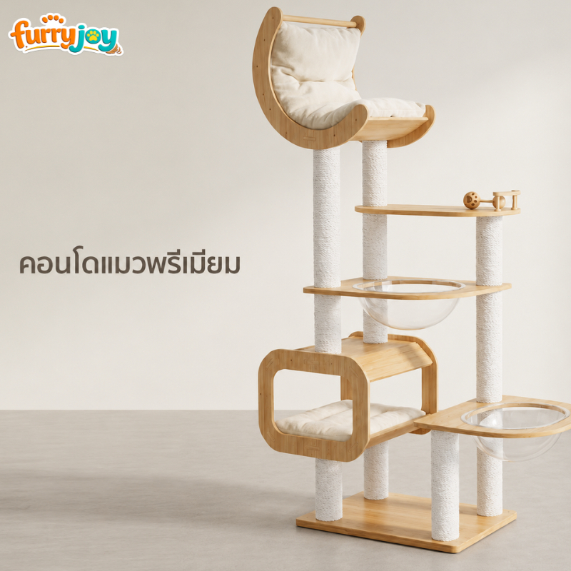 [FurryJoy] คอนโดแมวไม้แท้ บ้านแมวพร้อมหลุมแคปซูลอวกาศใส 2 จุด ที่ลับเล็บแมว มินิมอล สำหรับแมวตัวใหญ่