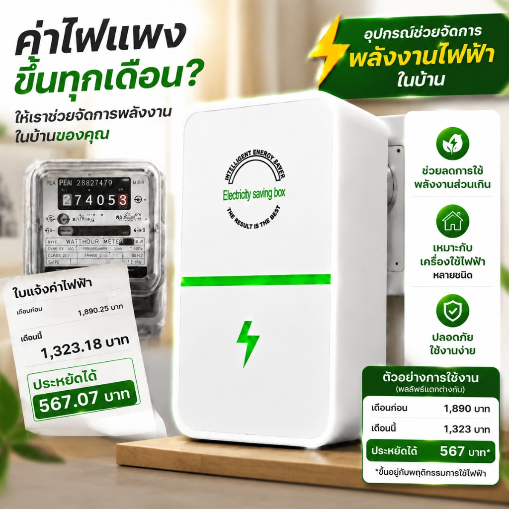 ประหยัดพลังงาน ลดค่าไฟบ้าน เครื่องประหยัดไฟฟ้า อุปกรณ์ประหยัดไฟ ใช้งานง่าย เสียบปลั๊กใช้ได้ทันที
