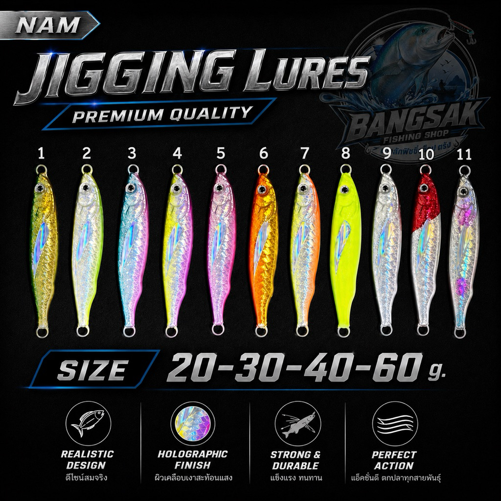 เหยื่อจิ๊ก Nam jigging lures. เหยื่อลงน้ำเร็ว ใช้ได้ผลดีเยี่ยม ขนาด 20-30-40-60กรัม มีสต้อค พร้อมส่ง
