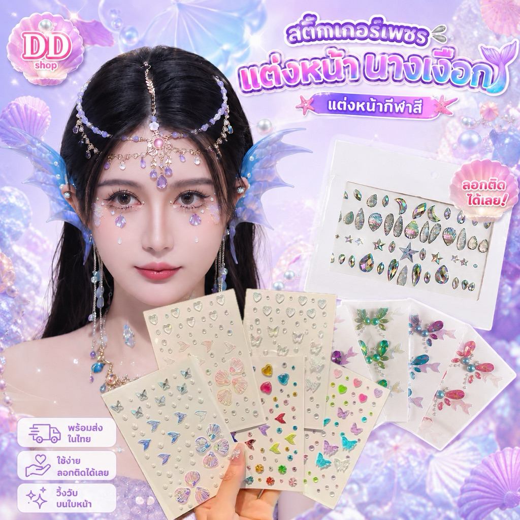 สติ๊กเกอร์เพชรแต่งหน้า นางเงือก เเต่งหน้ากีฬาสี  มีกาวในตัวติดเลย (พร้อมส่งในไทย)