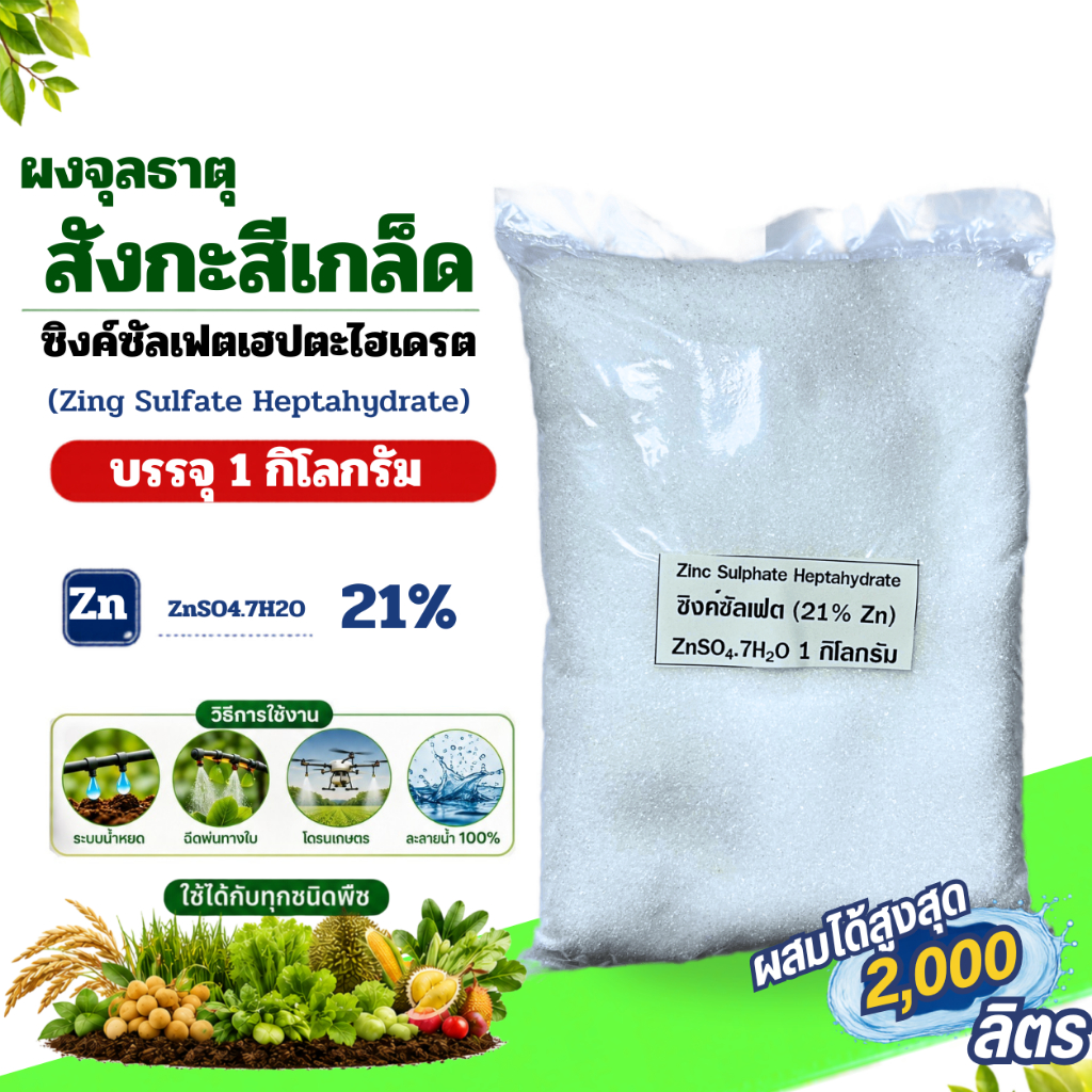 ซิงค์ซัลเฟต Zn 21% ธาตุสังกะสี แบบเกล็ด Zinc Sulphate heptahydrate ZnSO4.7H2O บรรจุ 1 กิโลกรัม