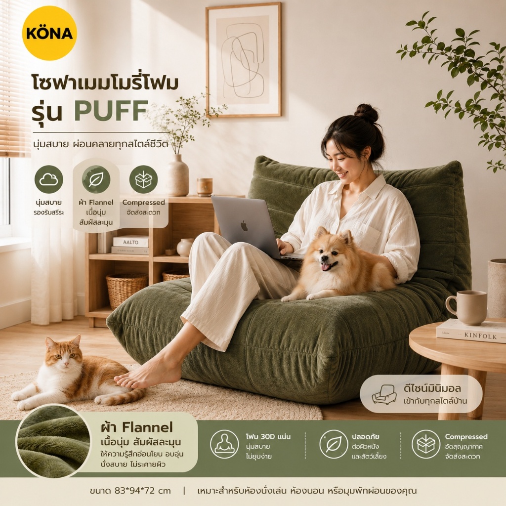 โซฟาสูญญากาศ PUFF โซฟานั่งพื้นญี่ปุ่น ผ้า Flannel นุ่ม โฟม 30D ทำความสะอาดง่าย ส่งฟรี รับประกัน 2 ปี