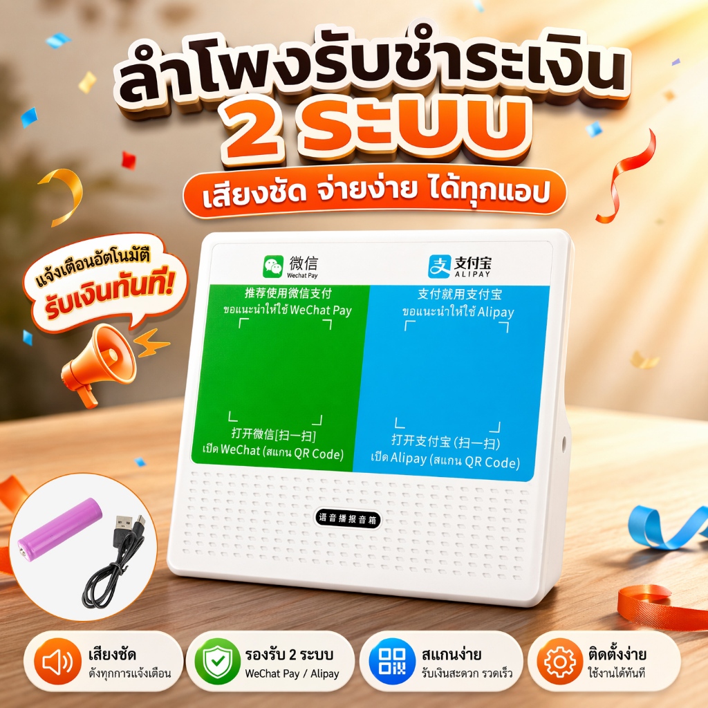 ลำโพงรับเงินบาร์โค้ด WeChat+Alipay บลูทูธ แจ้งเสียงโอนเงินทันที