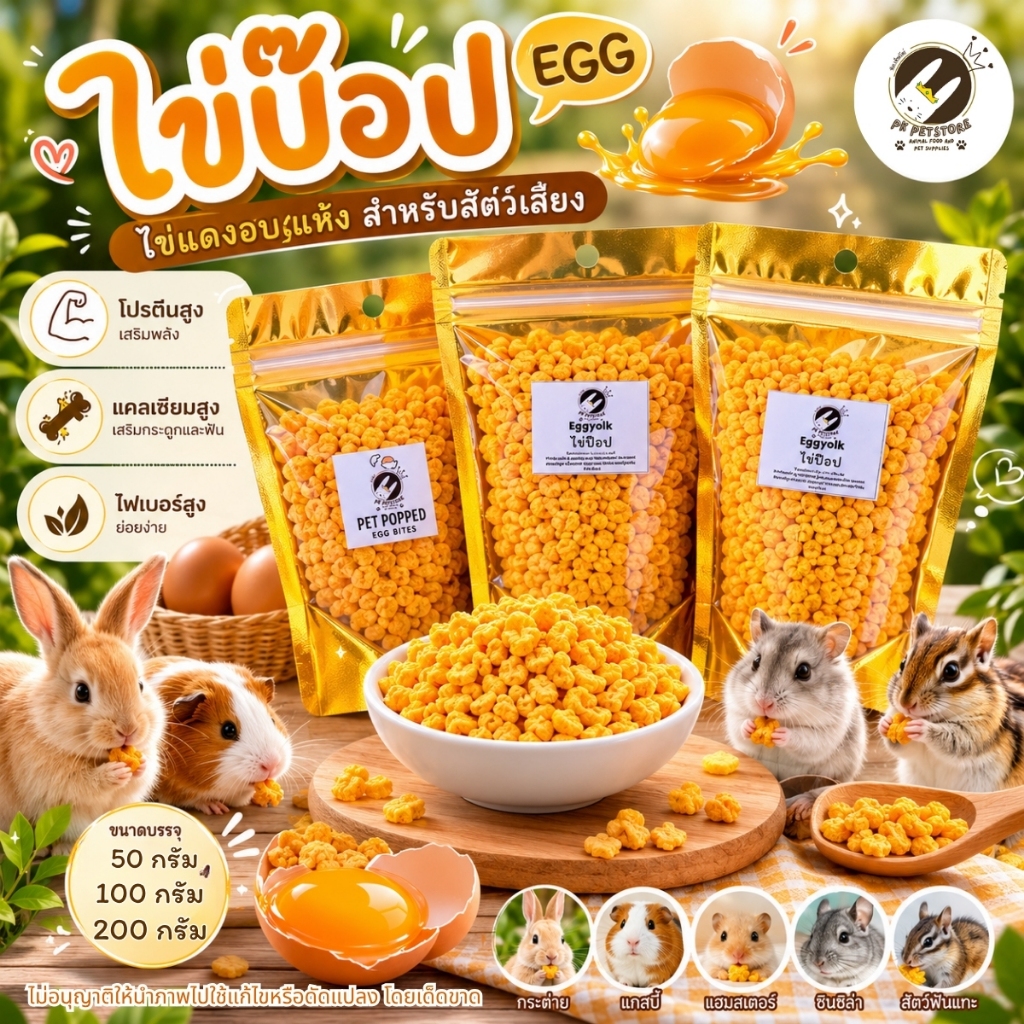 Egg Popped ไข่ป๊อป ไข่แดงอบแห้ง อาหารสำหรับสัตว์เลี้ยงแฮมเตอร์ ชูการ์ หนู สัตว์ฟันแทะต่างๆ สุนัข แมว ขนาด50,100,200 กรัม