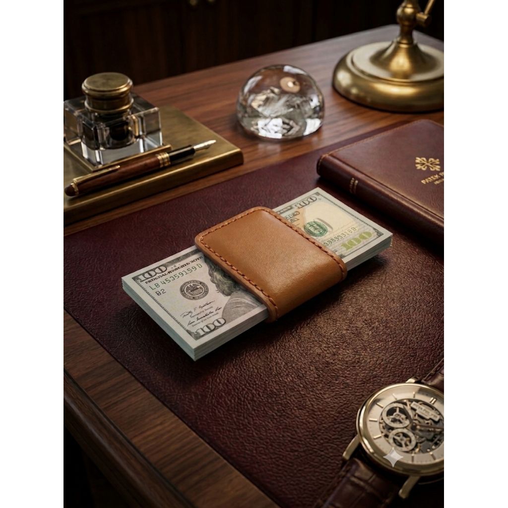 Money Clip หนังแท้ งานแฮนด์เมด สีน้ำตาลเข้ม คลิปหนีบธนบัตร กระเป๋าสตางค์ผู้ชาย บาง เท่ ของขวัญผู้ชาย
