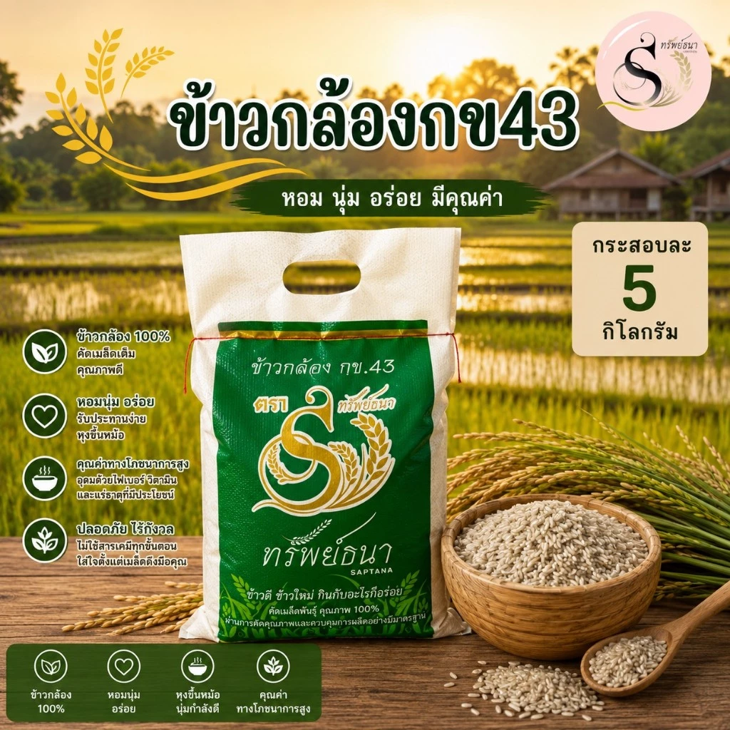 ข้าวอร่อย เพื่อสุขภาพ ข้าวกล้องกข43 กระสอบ5กิโลกรัม ตราทรัพย์ธนา