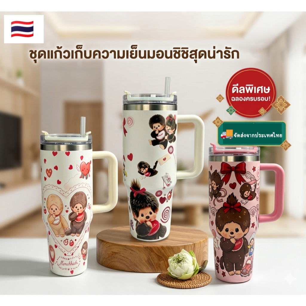 แก้วเก็บความเย็น Monchhichi 40oz แก้วสเตนเลส 304 มีหูหิ้วพร้อมหลอด แก้วเก็บอุณหภูมิ ลายม่อนชิชิ