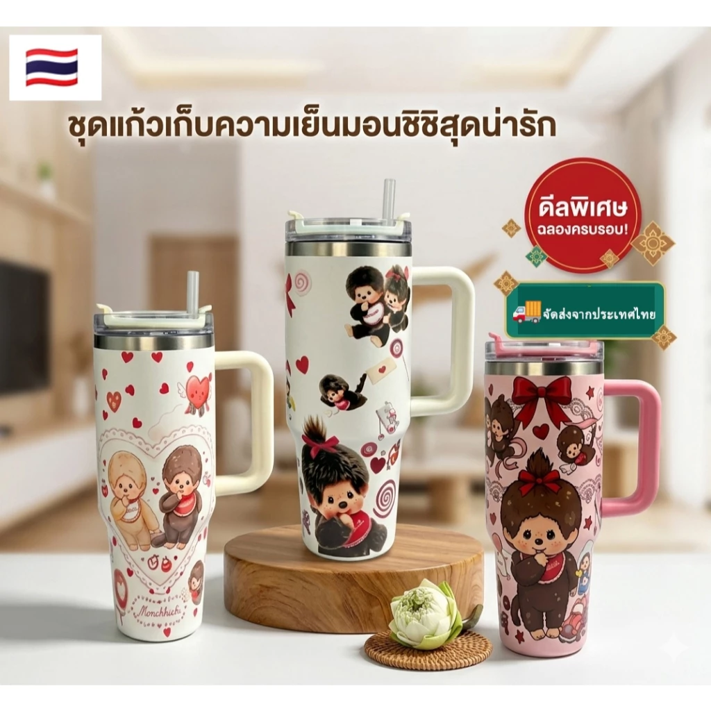 💖✨แก้วเก็บความเย็น Monchhichi 40oz🐻 แก้วสแตนเลส 304 มีหูหิ้วพร้อมหลอด แก้วเก็บอุณหภูมิ ลายม่อนชิชิสุดน่ารัก พกพาสะดวก🥤✨