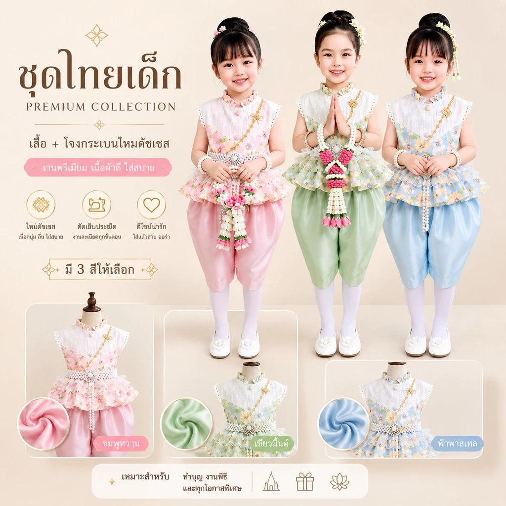 ชุดไทยเด็กผู้หญิง ชุดไทยใส่ไปโรงเรียน ชุดไทยราคาถูก เสื้อ และโจงกระเบน