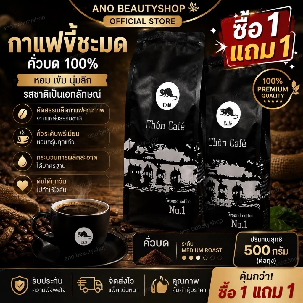 chon cafe กาแฟขี้ชะมด ชะมด นำเข้าจากเวียดนามแท้ หอมละมุน กาแฟขี้ชะมด คั่วบด กาแฟดิ๊บ ซื้อ 1 แถม 1